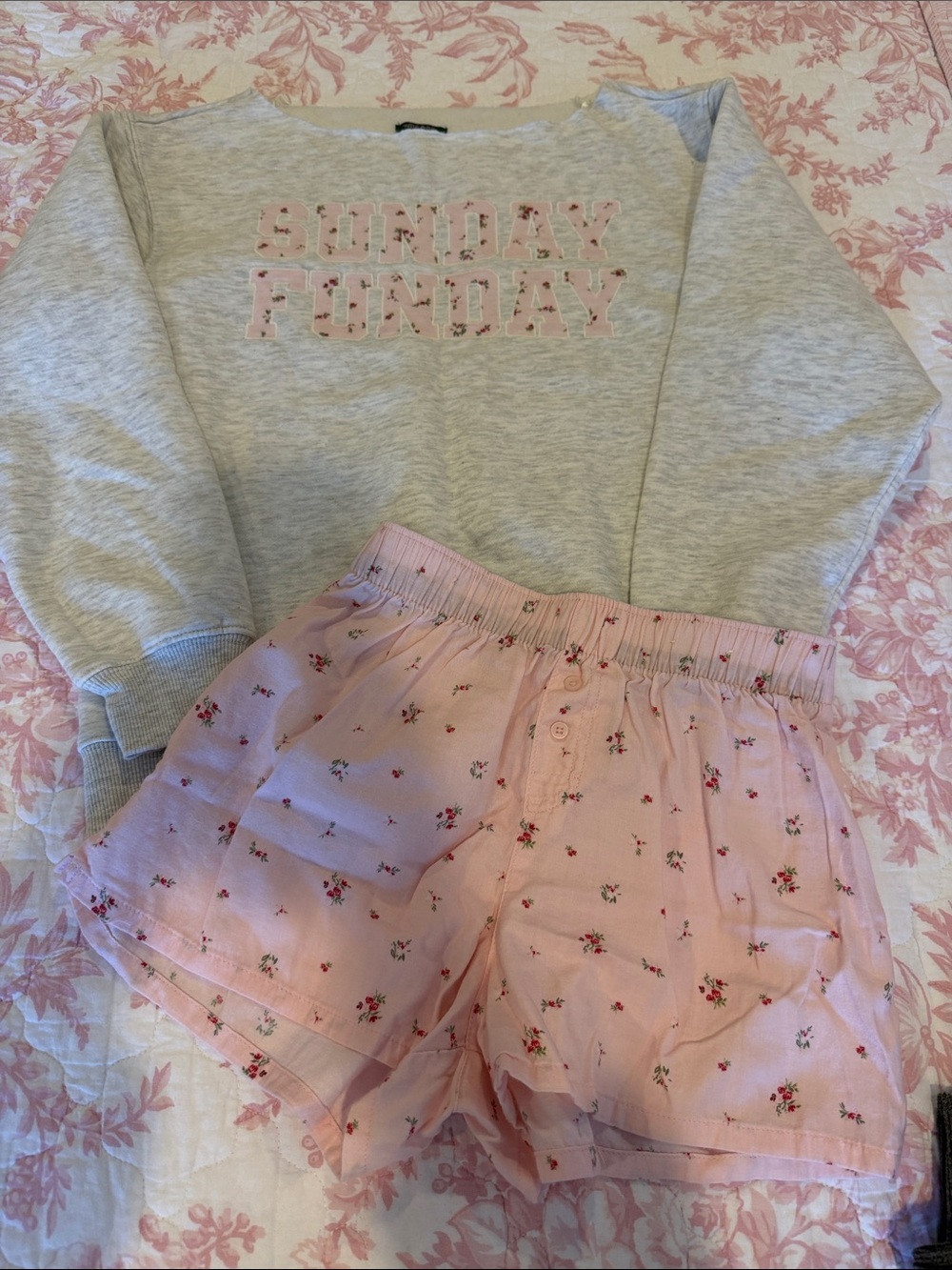 Pink Floral Shorts & Gray "Sunday Funday" Top Pajama Set
